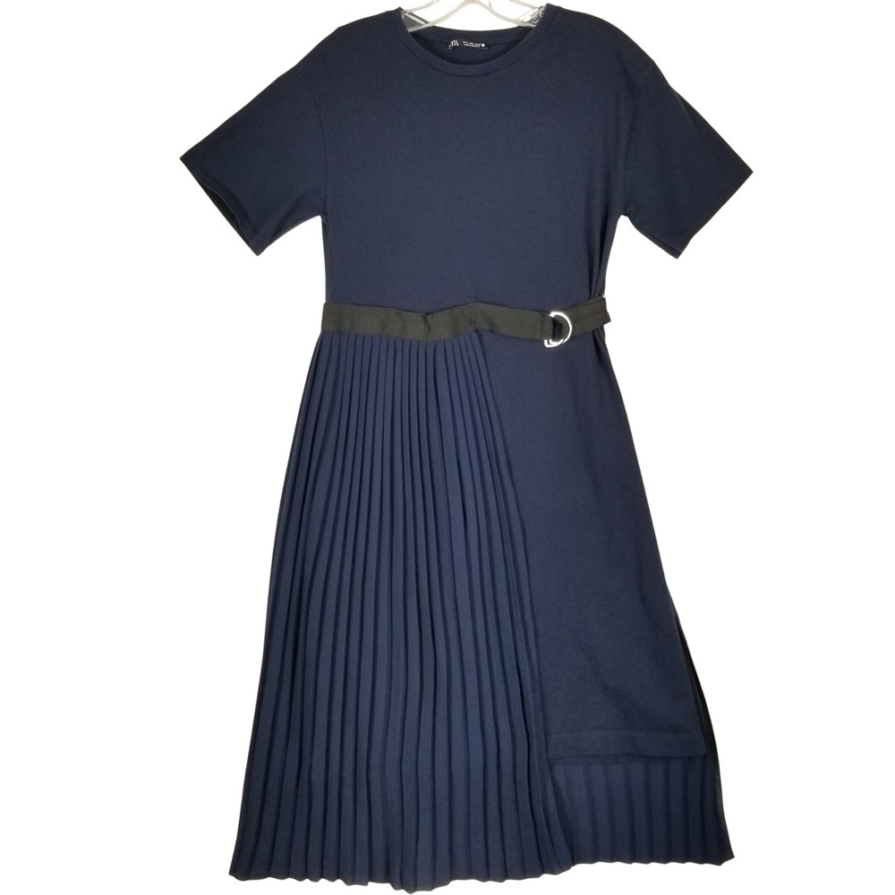 Zara Navy Blue Pleated Asymmetrical Midi‎ Dress with Belt Womens Size S